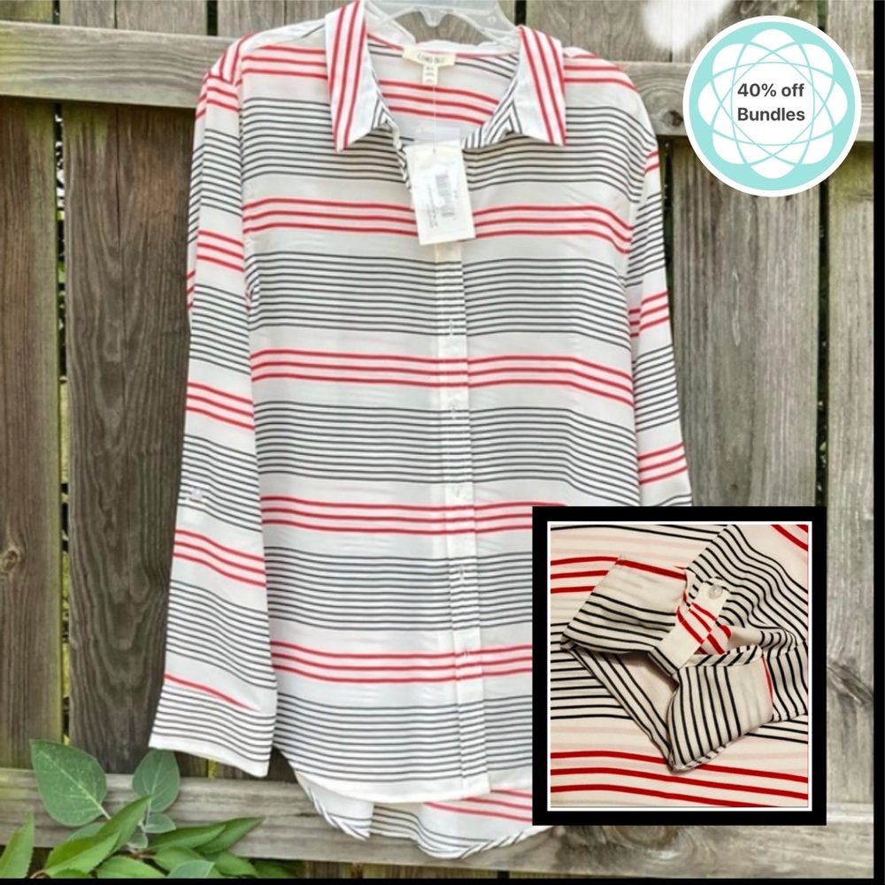 👛 NWT Como blu sheer blouse, large-🤍,❤️ & 🖤 stripe